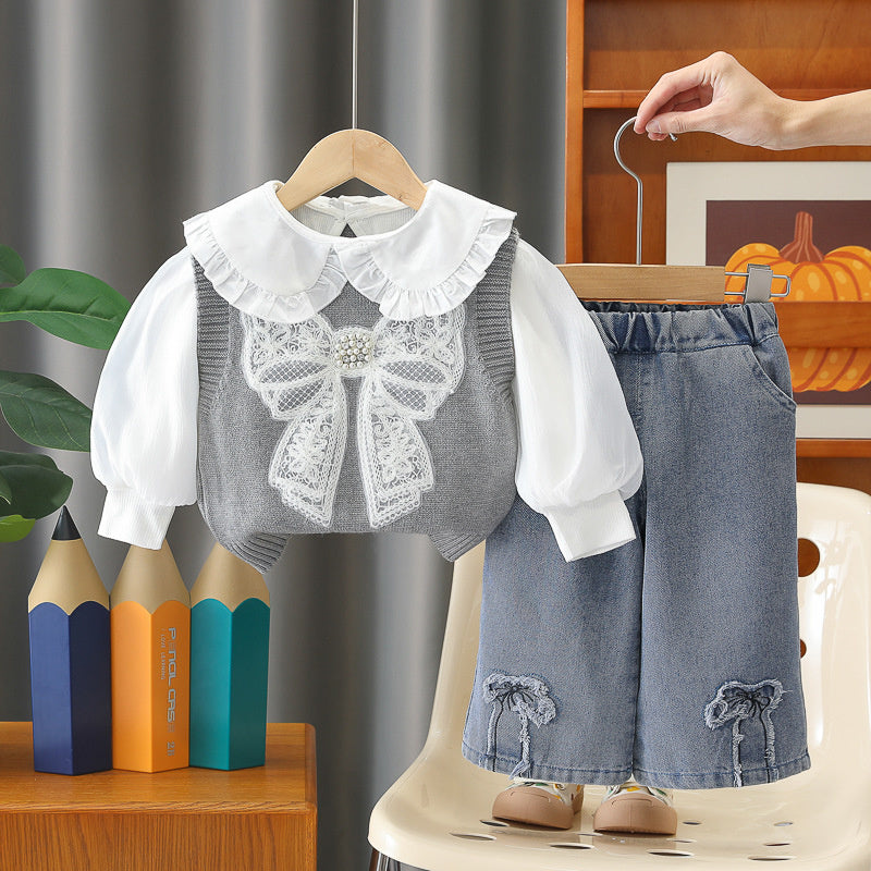 Girls' Outfit: Three-piece Set with Big Bow Sweater, Stylish Fashionable Children's Clothing Spring and Autumn, for 1-year-old baby girls