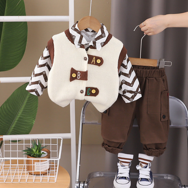 2024 Korean Version Autumn New Shirt 1-5 Years Old Boys Stylish Sweater Vest Casual Three-Piece Set One Piece Dropshipping