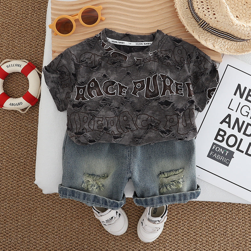 2025 Trendy Clothes Baby Outfit Boys Summer New Style Two-Piece Set English Ripped Short Sleeve Toddler