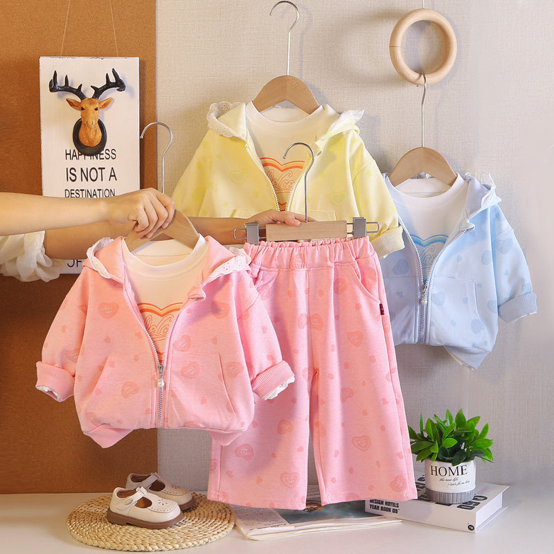 Girls' Spring Autumn Casual Heart-Shaped Zipper Three-Piece Set, Stylish Long-Sleeve Outfit for Babies and Young Children