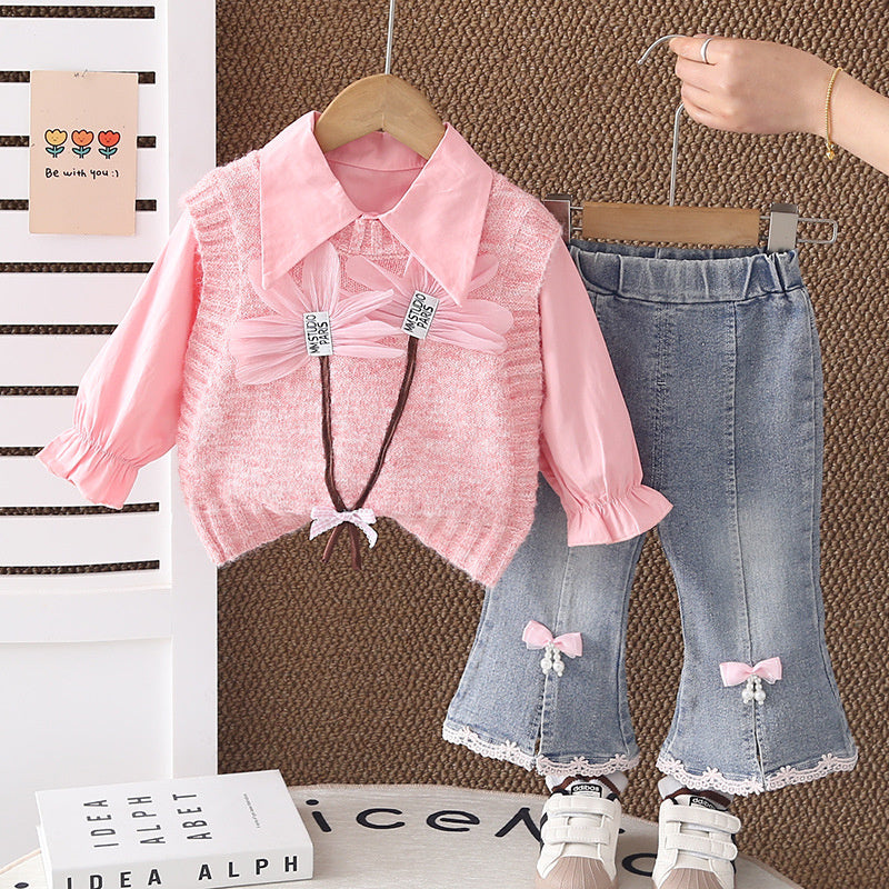 Clothing 2026 New Style Children's Floral Sweater Long Sleeve Outfit Little Girls Spring and Autumn Three-Piece Set