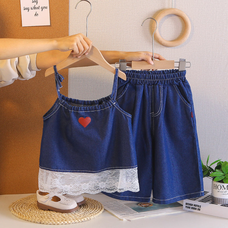 Girls' outfit new stylish toddler baby drawstring suspender denim shorts two-piece thin summer set
