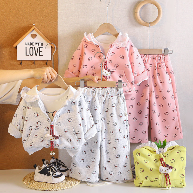 Girls' Outfit Set, Stylish Baby Spring Autumn Full-Body Cartoon Clothes, Infant and Little Girl Three-Piece Set Wholesale