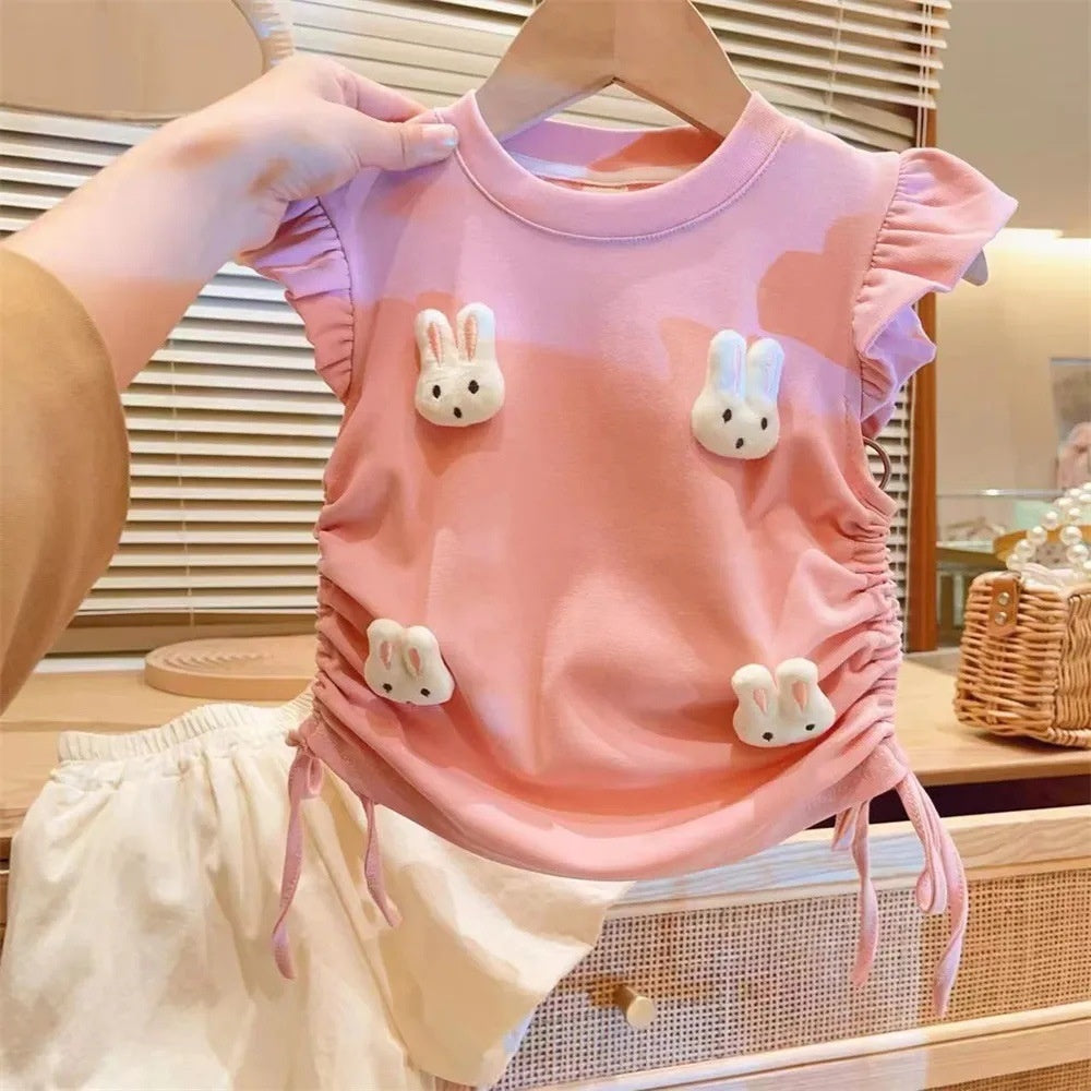 Girls' Outfit 2025 Summer New Style Cute 3D Bunny Flutter Sleeve T-shirt and Short Skirt Two-piece Set for Baby Girls