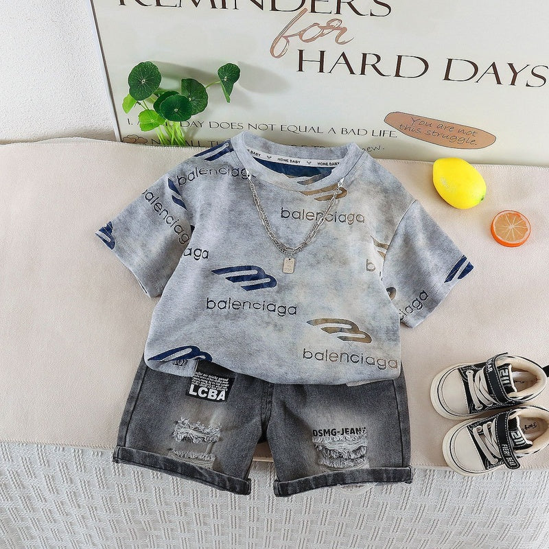 Children's Clothing Boys' 2026 Summer Chain Letter Short Sleeve Stylish Denim Shorts Baby Two-Piece Set Trendy