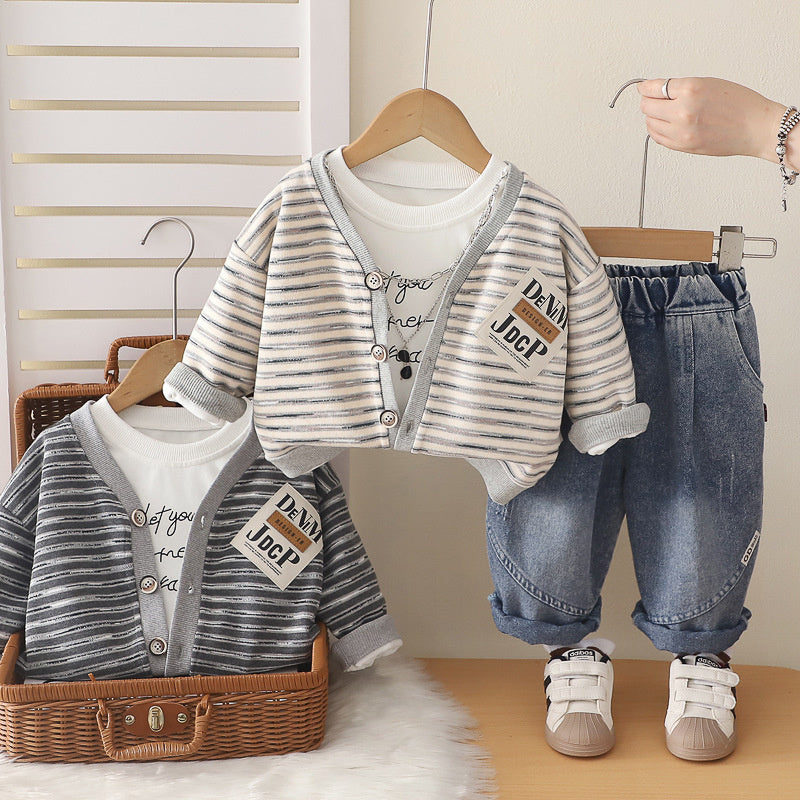 Boys' Outfit 2026 New Fashionable Children's Sunglasses Necklace Striped Three-Piece Set Stylish Baby Korean Style Autumn
