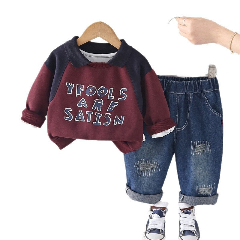 Boys' and Autumn Letter Collar Sweatshirt Set 2026 New Children's Spring Sportswear Fashionable Korean Style for Babies