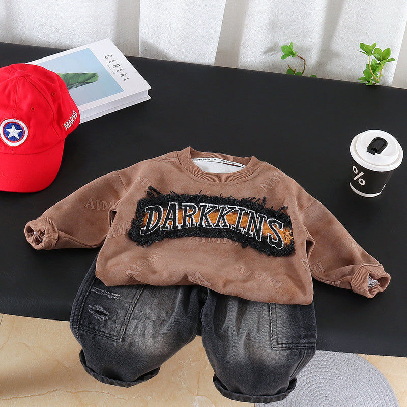 Boys' Outfit for Spring and 2026 New Style Baby Autumn Clothing Korean Version Casual Patchwork Fleece Round Neck Sweatshirt Two-Piece Set