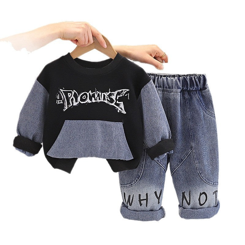 Boys' Outfit 2026 New Fashionable Denim Pocket Sweatshirt Set Baby Autumn Stylish Trendy Infant Children's Fashion