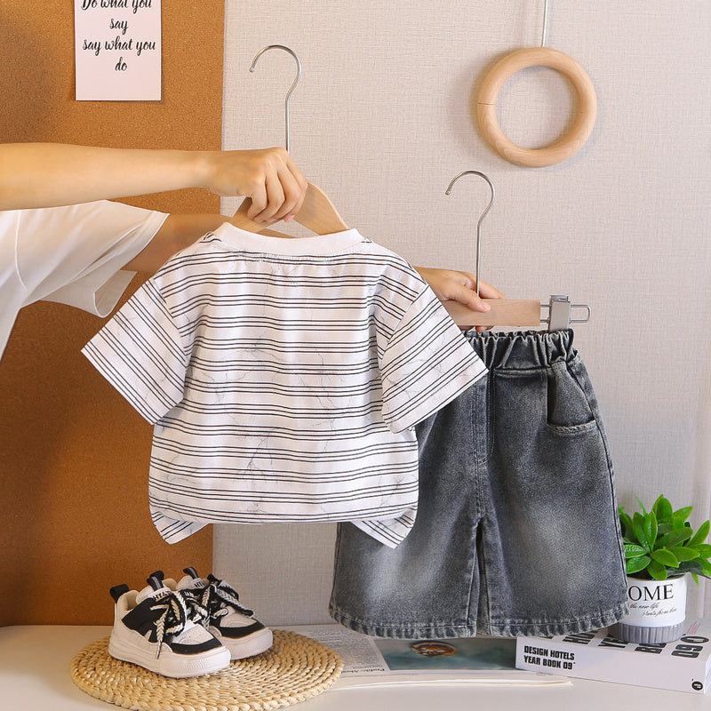 Striped Letter Baby Set for Boys, Children's Summer Stylish Outfit, Trendy T-shirt 2026 New Short Sleeve Clothes