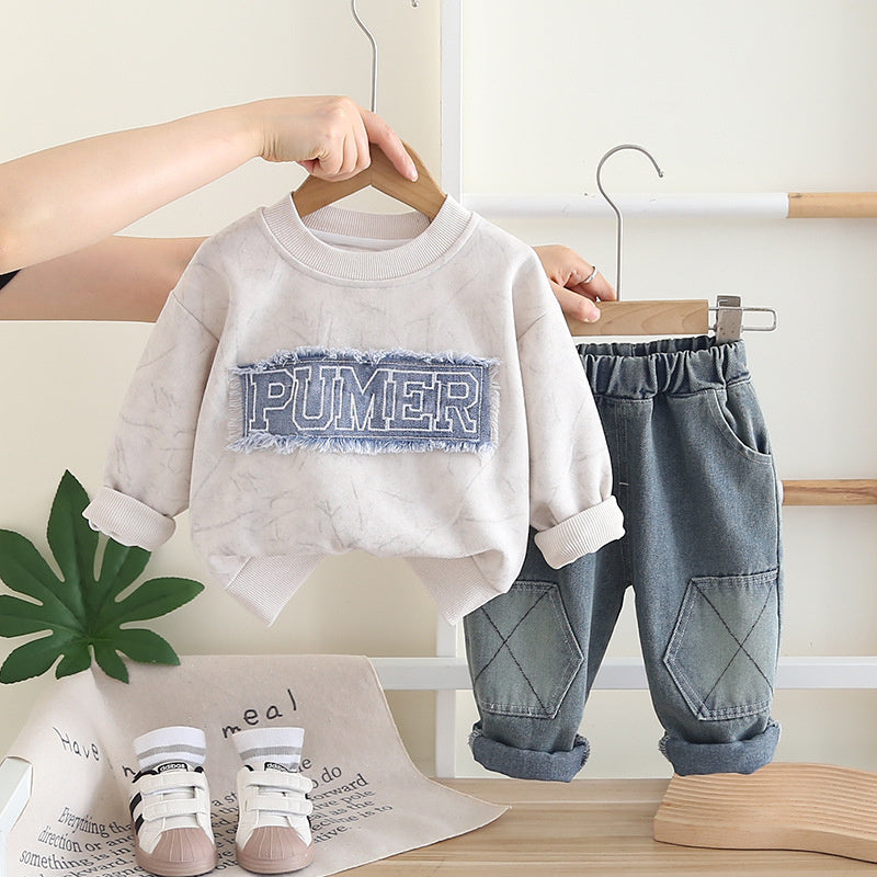 Boys' Spring and Sweatshirt 2025 New Stylish Baby Boy Autumn Letter Patch Long Sleeve Two-Piece Set
