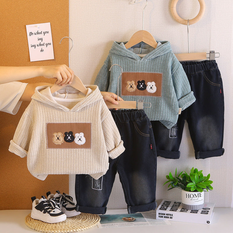 Children's Clothing Boys Spring and 2025 New Fashionable Baby Autumn Cartoon Three Bears Hooded Set