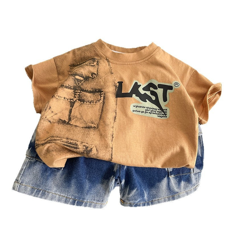 2026 Summer New Foreign Trade Style Boys' Round Neck Short Sleeve Baby Boy's Casual Denim Shorts Two-Piece Set, Dropshipping Available
