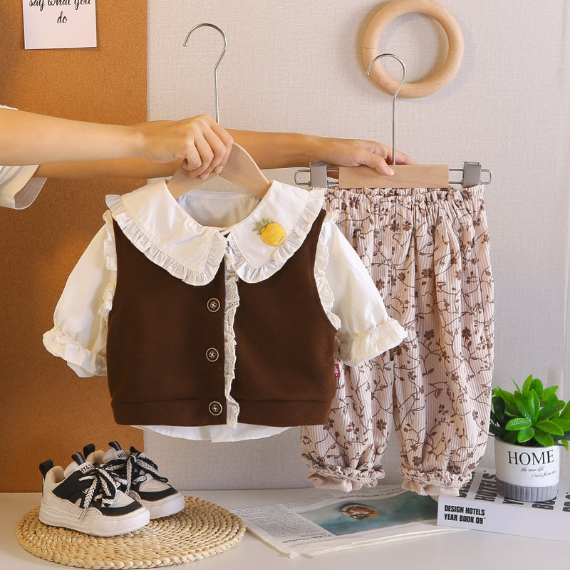 Girls' stylish and autumn lace vest three-piece set, 2026 new Korean style outfit girls, spring fashion for toddlers