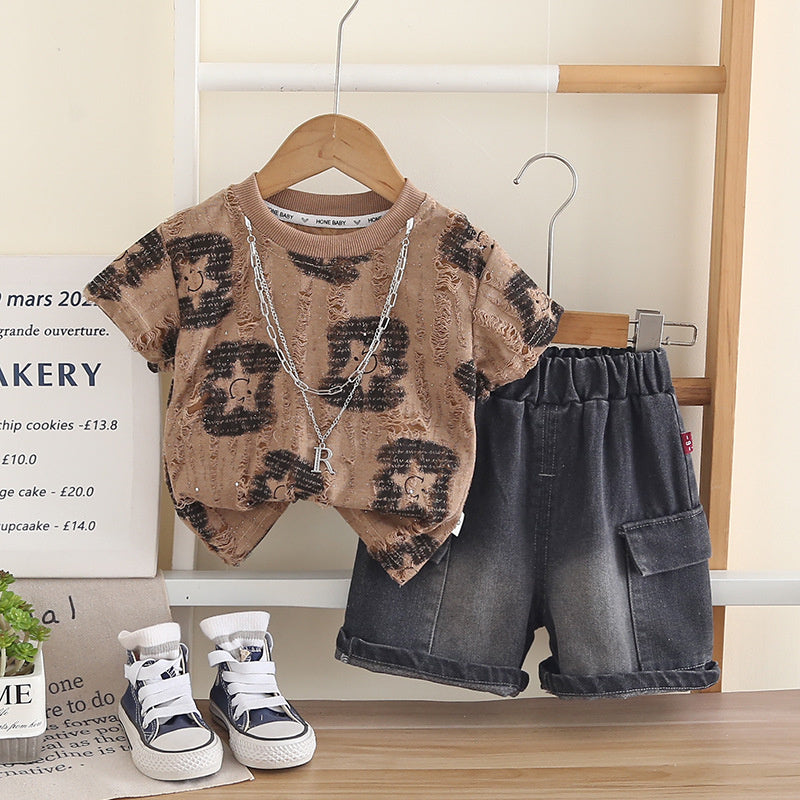 Boys' Outfit Set 2026 New Summer Style Children's Star Smiley Face Short Sleeve Necklace Two-Piece Baby Clothes Trendy
