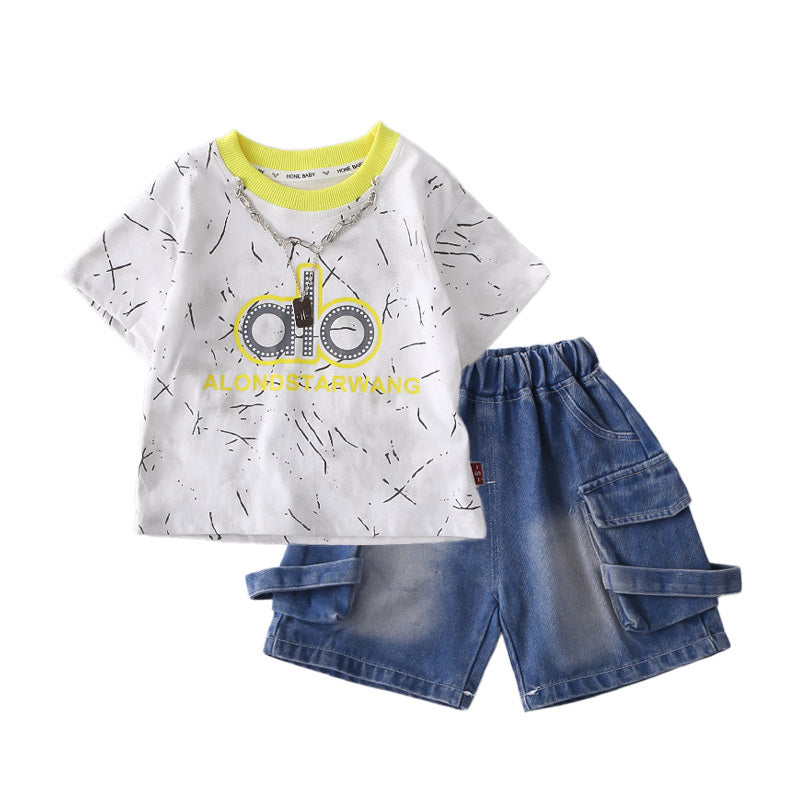 Children's clothing for boys, 2026 new stylish baby set with letter necklace, short-sleeved thin two-piece summer outfit