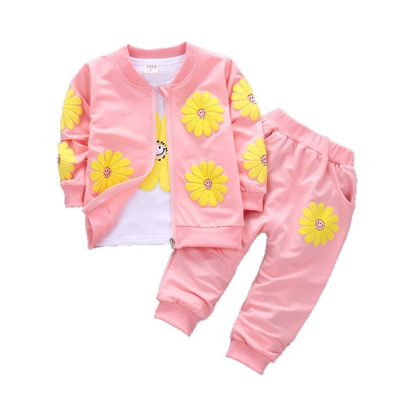 Children's clothing stylish outfit 2026, spring and autumn wear 2-3 year old little girls, long-sleeved cartoon three-piece set for toddlers 7