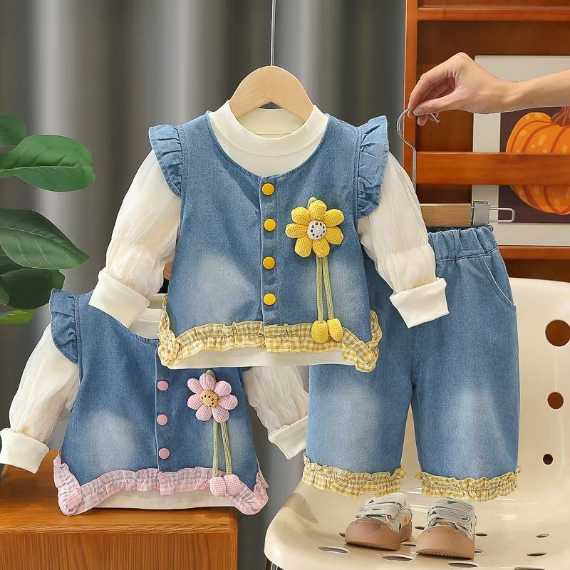 Girls' Outfit Set, Children's Floral Denim Clothes, Fashionable 1-2-3 Year Old Baby Spring and Autumn Three-Piece Set