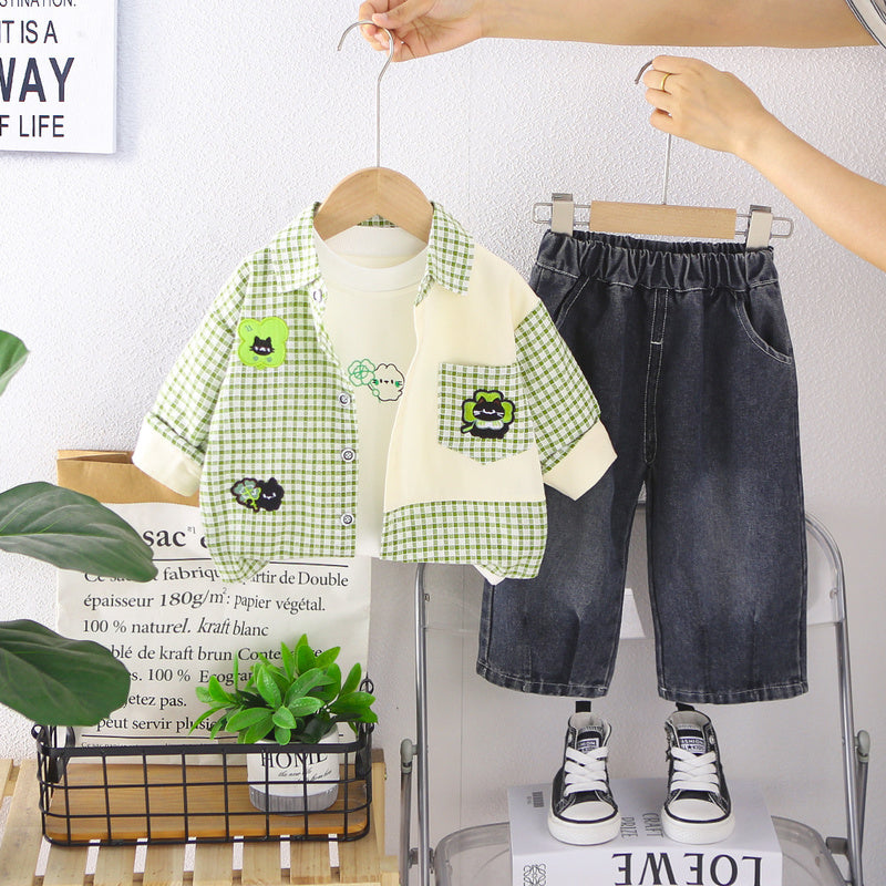 Children's Autumn Outfit Set: Boys' Plaid Patchwork Three-Piece Set, Stylish Long-Sleeve Shirt for Little Kids