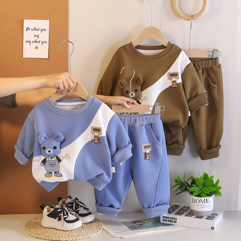 Baby Boy and Autumn 2026 New Fashionable Bear Sweatshirt Spring Cartoon Long Sleeve Two-Piece Set
