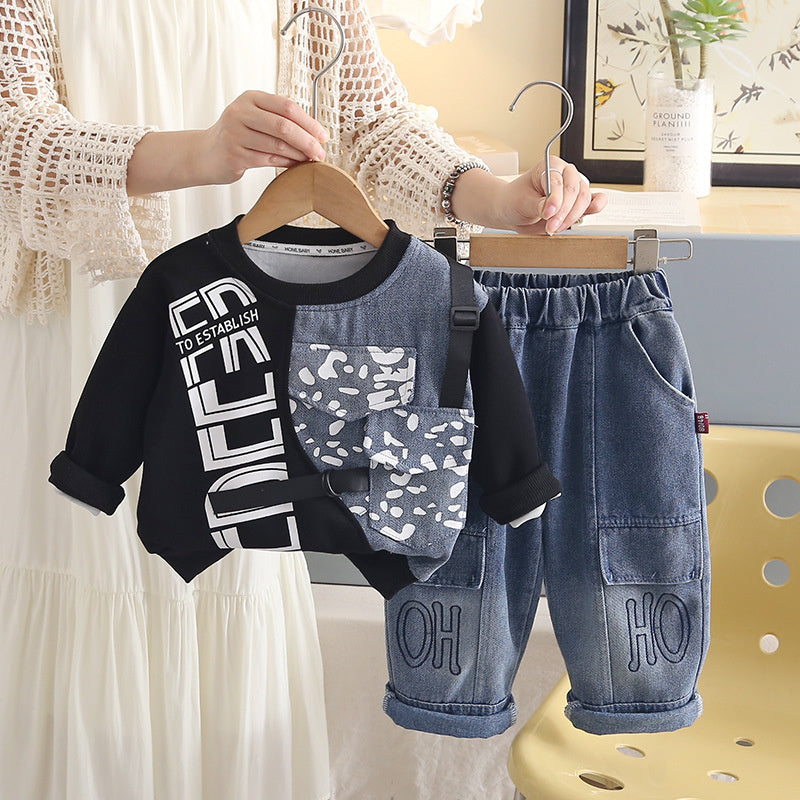 Boys' long-sleeve denim two-pocket sweatshirt set 2026 new baby clothing infant children's spring and autumn fashion