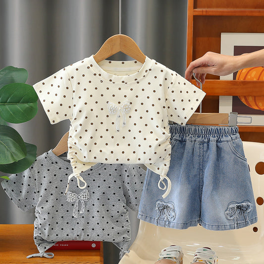 2026 New Summer Children's Outfit Girls, Polka Dot Short Sleeve Shorts Two-Piece Set, Baby Clothes for 1-Year-Old Girls