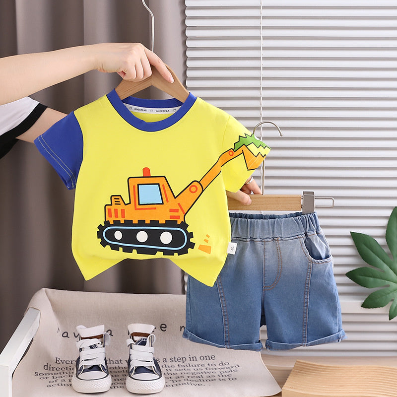 Boys' Outfit 2026 New Style Baby Summer Thin Cartoon Excavator Clothes Trendy Children's Short Sleeve Two-Piece Set