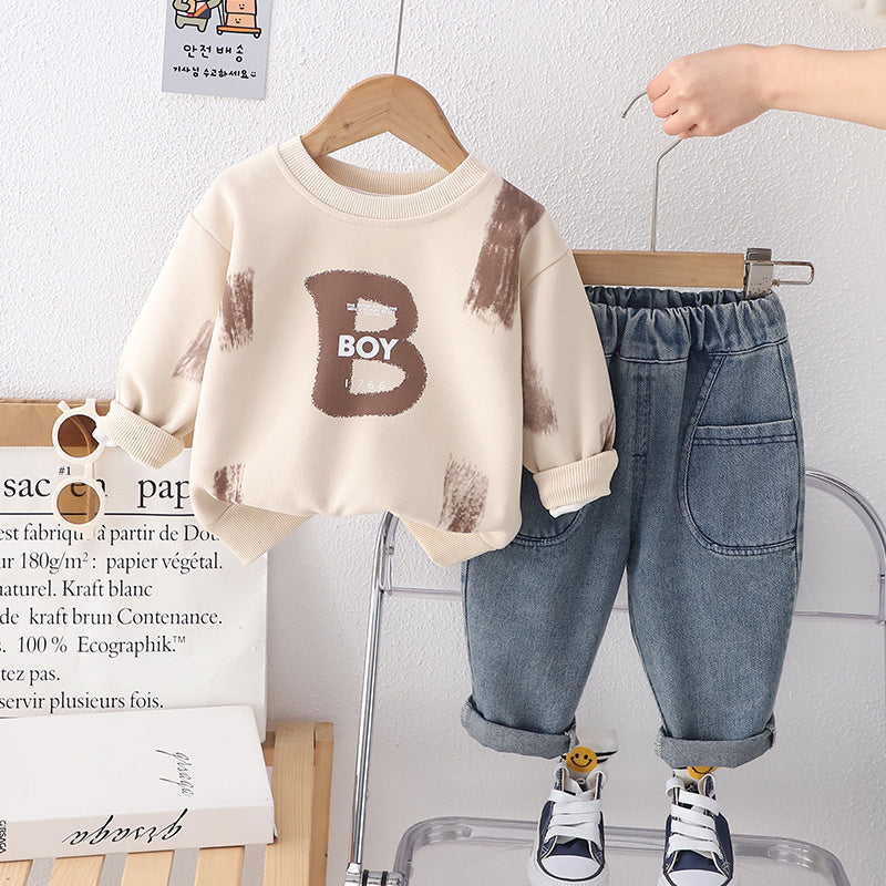 Boys' Outfit 2024 New Stylish Children's Clothing Spring and Autumn One-Year-Old Baby Letter Round Neck Two-Piece Set