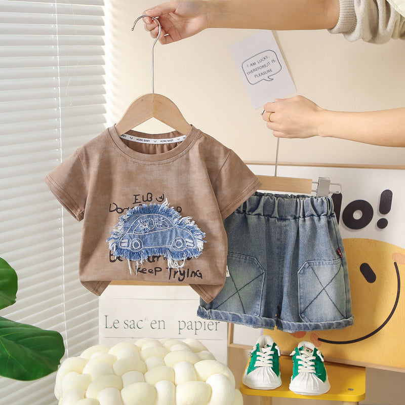 Boys' Outfit 2026 New Model: Toddler Patchwork Car Short-Sleeve Children's Clothing Baby Summer Two-Piece Set