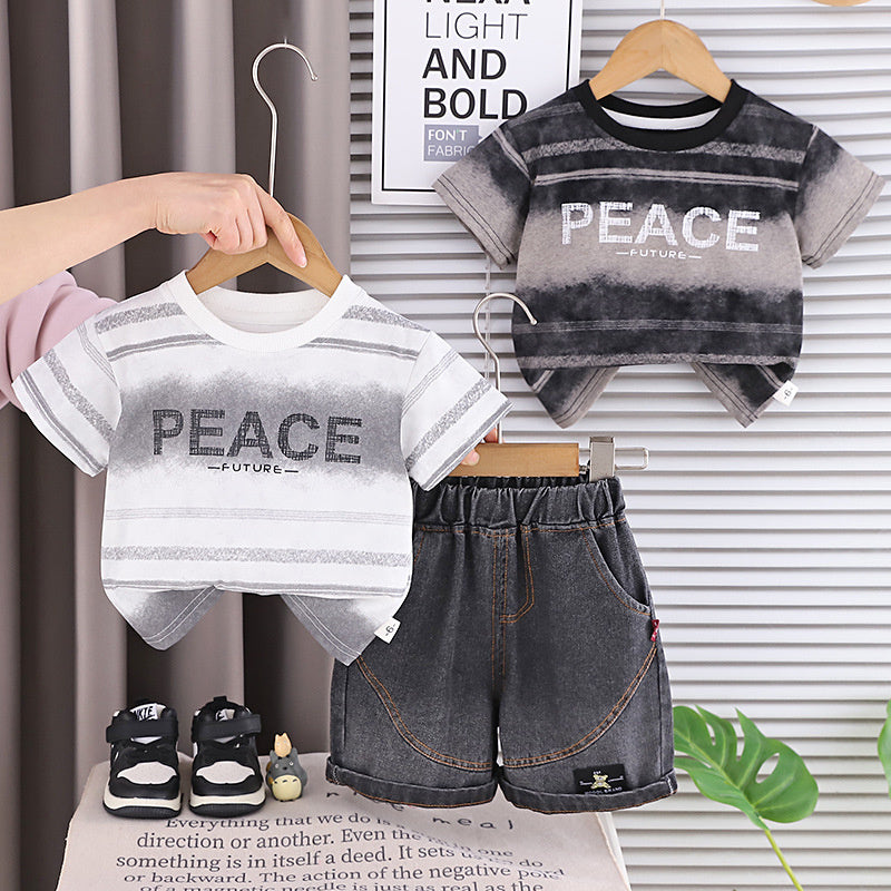 Children's clothing boys' outfit 2026 new style children's summer striped English short-sleeve two-piece set baby clothes