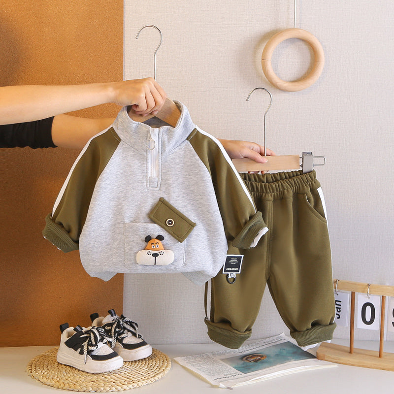 Boys' Outfit Set: New Spring Autumn Style for Infants Children, Stylish Korean Version with Diagonal Pocket Cover and Puppy Print Sweatshirt Two-Piece Set