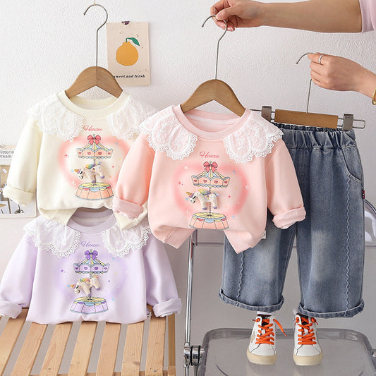 Girls' 2026 New Korean Style Fashionable Baby Lace Collar Two-Piece Casual Spring Outfit with Jeans Trendy