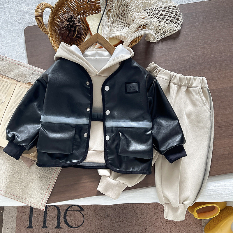 Children's Autumn Clothing 2026 New Style Boys' Casual Leather Jacket Three-Piece Set Stylish Outfits for Toddlers Wholesale
