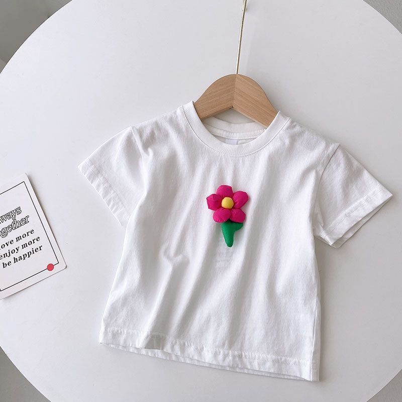 Summer girls' three-dimensional flower white T-shirt and rose red skirt set, stylish baby short-sleeve two-piece outfit for girls
