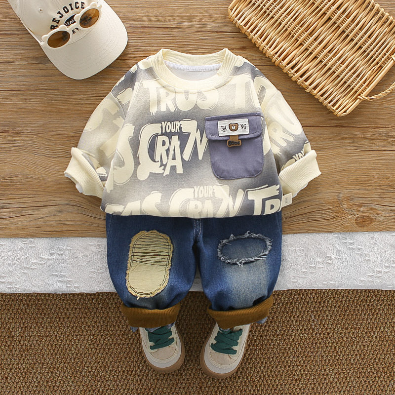 Boys' Outfit 2026 New Children's Spring and Autumn Long-Sleeve Round-Neck Pocket Bear Sweatshirt Two-Piece Set for Toddlers