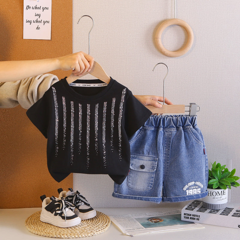 2026 Foreign Trade Summer Round Neck Rhinestone Children's Printed Thin T-shirt and Denim Two-piece Set Wholesale 3