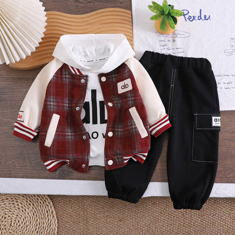 Boys' Outfit 2026 New Fashionable Children's Spring and Autumn Hooded Baseball Jacket Three-Piece Set Baby Trendy Clothing