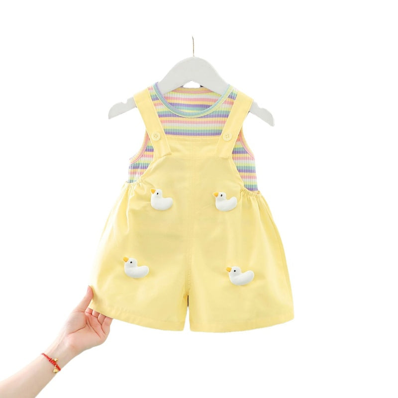 Outfit 2024 New Summer Children's Girls' Baby Colorful Striped Cartoon Overalls Short Sleeve Two-Piece Set