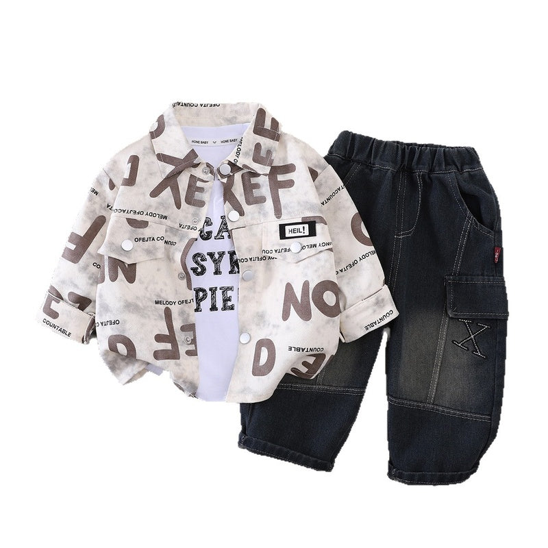 Children's Autumn Outfit 2026 New Style Boys' Stylish Full-Body Letter Print Clothes Toddler Baby Three-Piece Set Wholesale