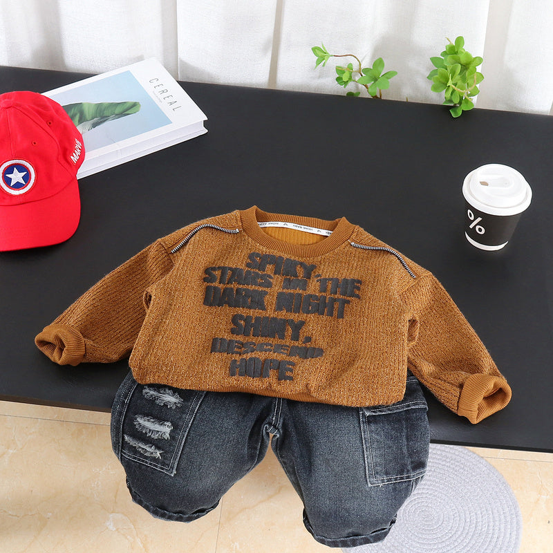 Boys' shoulder-zipper sweatshirt 2026 new spring and autumn style children's casual sports two-piece set