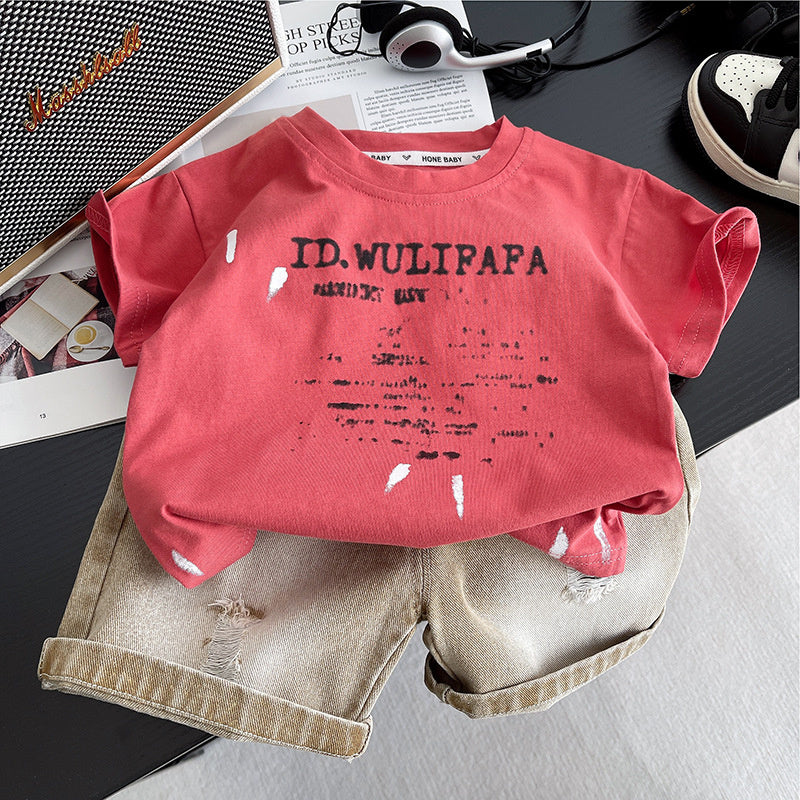 Boys' Outfit New Summer Short Sleeve 2025 Vintage Ripped Round Neck Two-Piece Loose Fit One-Piece Dropshipping