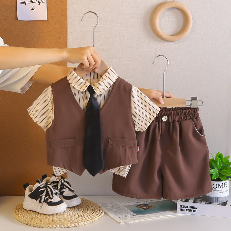 Boys' clothing, children's short-sleeve suit, new style baby boy summer vest suit three-piece set, stylish and trendy for ages 1-4