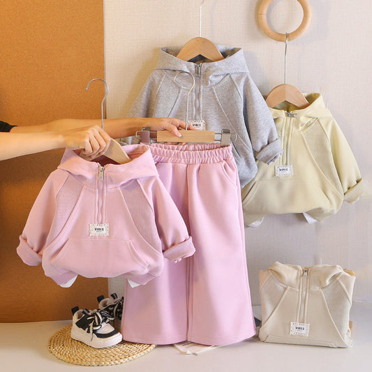Girls' half-zip hoodie sweatshirt set, stylish new 2026 baby clothing, children's spring and autumn two-piece trendy outfit