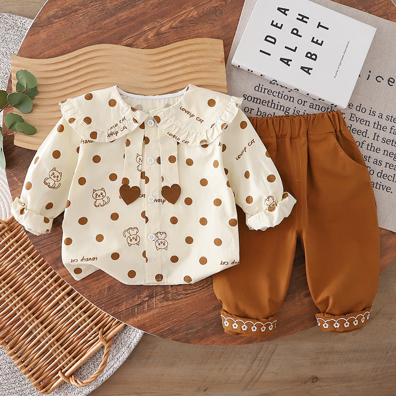 Girls' Outfit Cat Shirt Set, Stylish Fashionable, for 0-3 Year Old Baby Girls, Spring and Autumn Clothes, Infant Children's Clothing