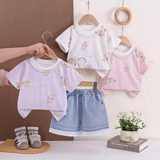 Baby Girl Outfit 2026 New Children's Clothing Thin Full-Print Bunny Short Sleeve Shorts Girls' Summer Wear