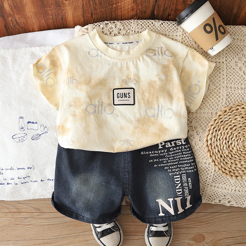 Boys' Summer Outfit 2026 New Style Children's Chest-Logo Short-Sleeve Shorts Two-Piece Set Baby Fashionable Casual Trendy