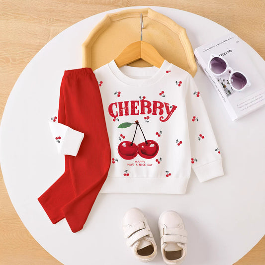 Ins Baby Toddler Girl Spring Autumn Pullover Cherry Letter Print Sleeve Top Long Pants Casual Set