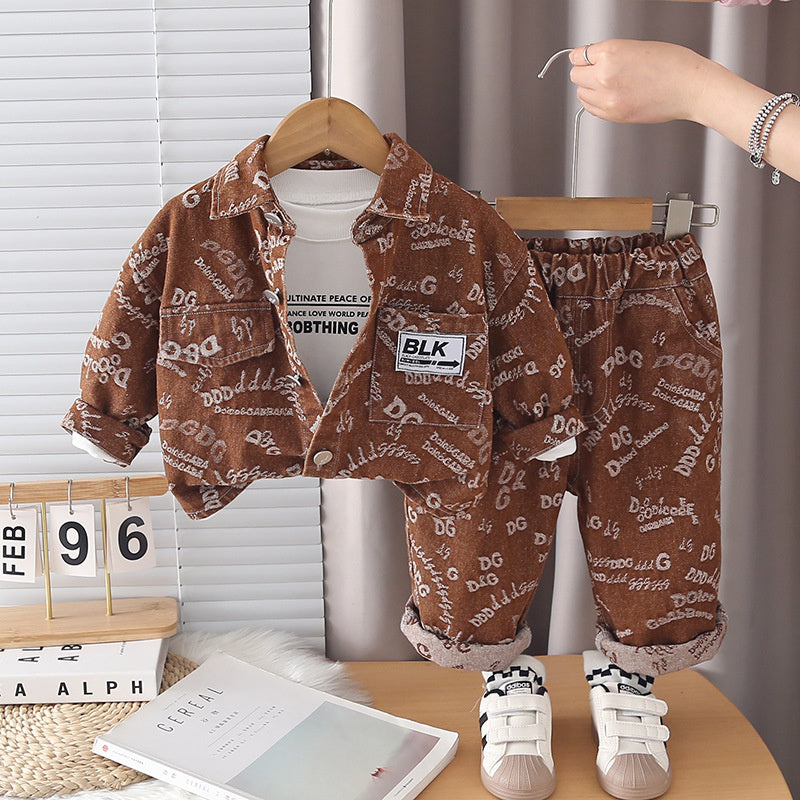 Boys' Spring and Outfit 2026 New Fashionable Children's Letter Print Denim Three-Piece Set Baby Autumn Jacket Trendy
