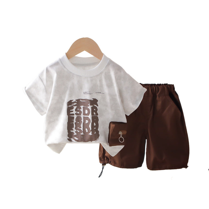 Boys' Summer Outfit 2026 New Trendy Baby Clothes Children's Letter Print Side Pocket Short Sleeve Shorts Two-Piece Set