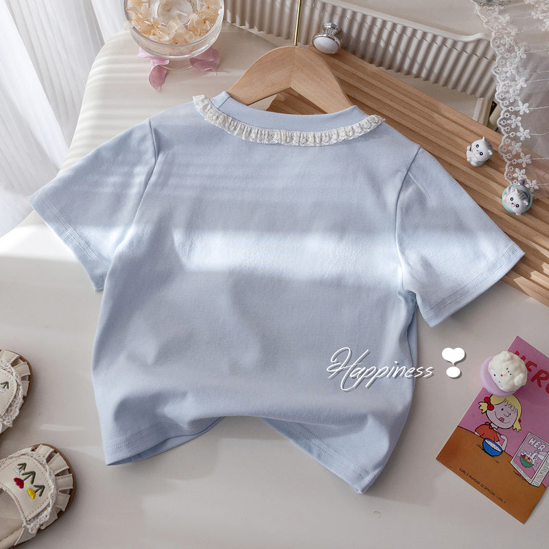 Children's Summer Outfit Girls' Short Sleeve T-Shirt Round Neck Top Lace Cake Skirt Stylish Kids' Two-Piece Set